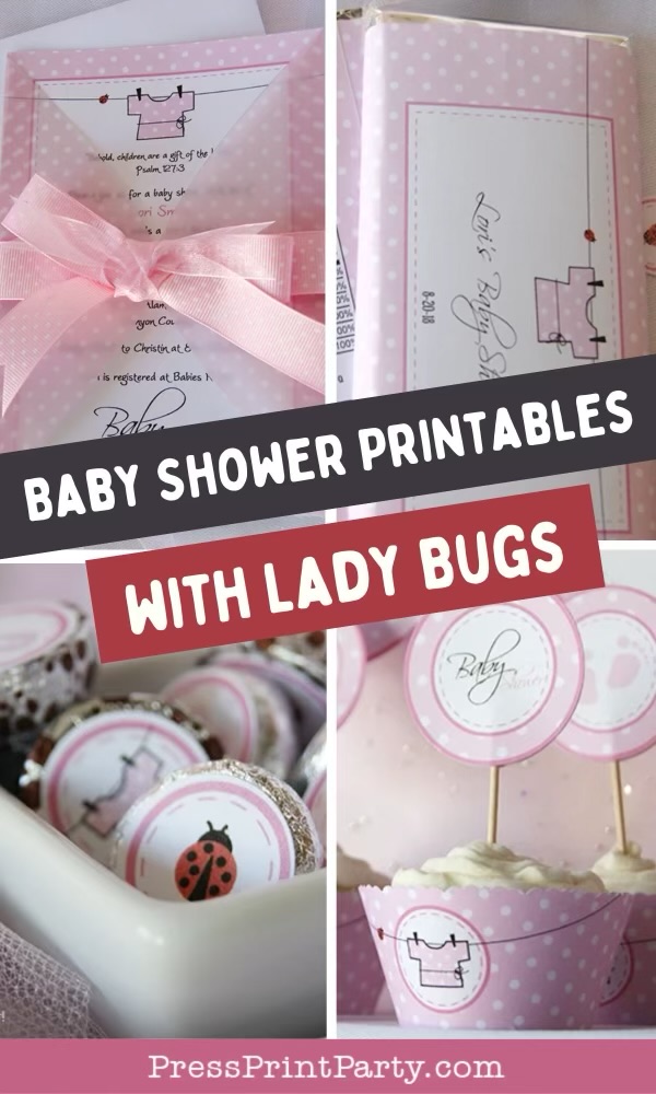 Baby shower printables in pink polka dot designs with ladybug themes, including invitations, cupcake toppers, and wrappers, all accented with pink ribbons and decorations. Text overlay: "Baby Shower Printables with Lady Bugs.