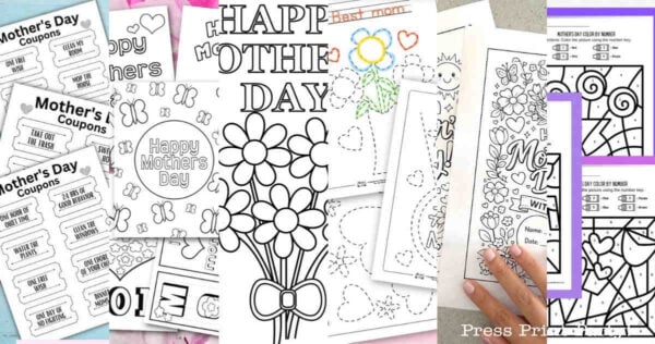 A collage of printable Mother’s Day coloring pages and coupons, including floral designs, “Happy Mother’s Day” messages, and hand-drawn cards. A hand holds one of the pages decorated with hearts and flowers.