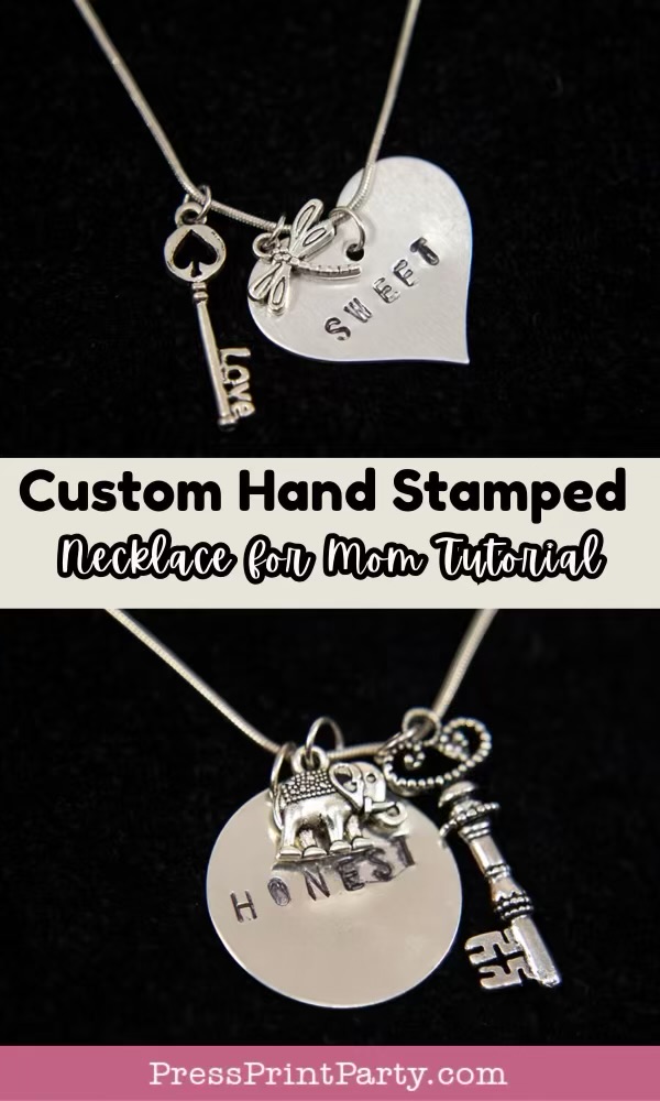 Two necklaces with silver charms: one has a heart stamped "SWEET" with a key and dragonfly; the other has a round pendant stamped "HONEST" with an elephant and a key. Text promotes a custom hand-stamped necklace tutorial for moms.