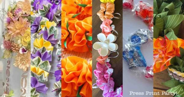 A collage of seven colorful graduation leis made from flowers, ribbon, candy, money, and plastic bottles is arranged vertically to showcase a variety of creative graduation leis ideas.
