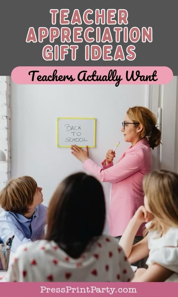 A teacher in a pink blazer writes "Back to School" on a small whiteboard while three students sit attentively, highlighting creative Teacher Appreciation Gift Ideas.