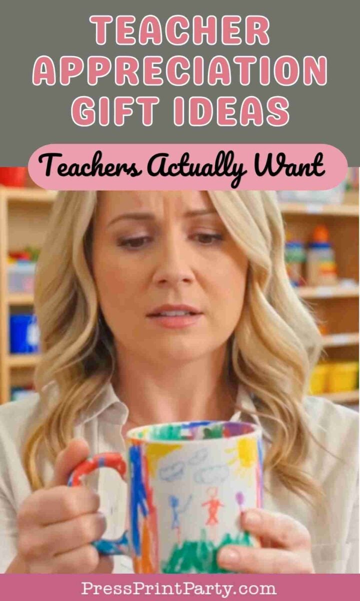 A woman with blonde hair looks at a colorful, hand-decorated mug in a classroom. Text above her reads, "Teacher Appreciation Gift Ideas Teachers Actually Want," highlighting thoughtful ways to celebrate educators.
