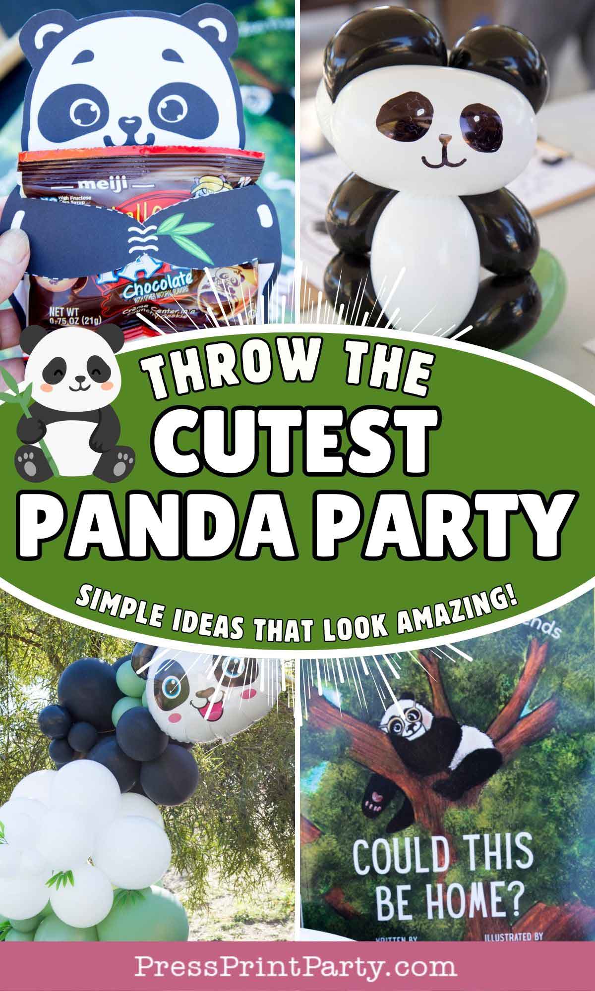 A collage showcases adorable panda party ideas: a panda gift box with chocolates, a panda balloon figure, outdoor panda balloons, and the book "Could This Be Home?" with a panda illustration. Text reads "Throw the cutest panda party.