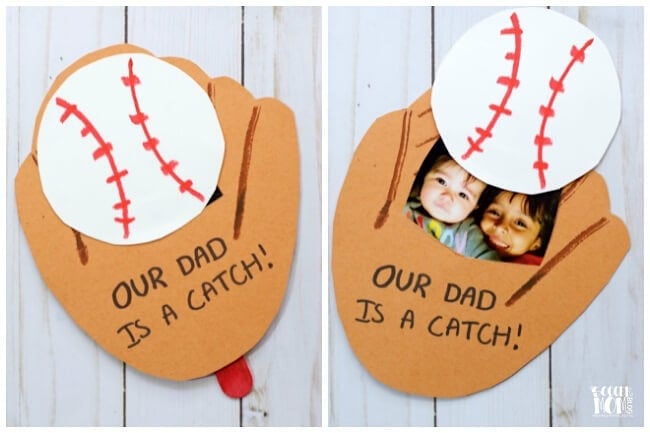 Two images show a paper craft of a baseball glove holding a baseball. The glove says "Our dad is a catch!" On the right, the baseball lifts to reveal photos of two smiling children inside the glove.
