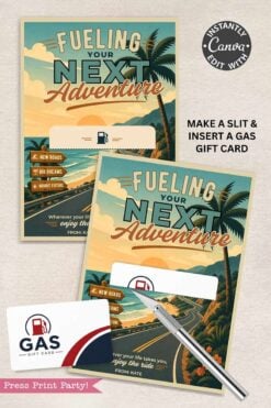 The Gas Gift Card Holder Printable - Mountain features a mountain design and reads “Fueling Your Next Adventure.” It includes a slot for your gas gift card, easy instructions, and is pictured with a pen and gift card. Perfect for any occasion!.
