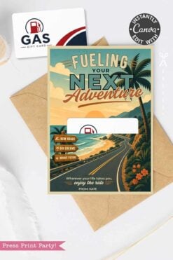 A Gas Gift Card Holder Printable - Mountain, envelope, and illustrated card with mountain scenery and text: