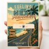 A hand holds the Gas Gift Card Holder Printable - Mountain, featuring a retro-style mountain scene and the text “Fueling Your Next Adventure” with checkboxes for “New Roads,” “Big Dreams,” and “Bright Future.”.