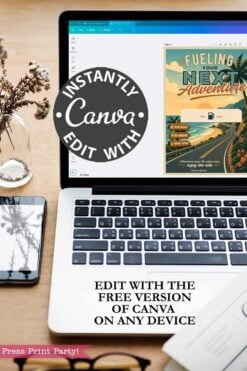 A laptop on a desk displays Canva editing software with the Gas Gift Card Holder Printable - Mountain poster. Text reads: “Instantly edit with Canva. Edit with the free version of Canva on any device.” A phone and a vase are nearby.