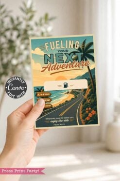 A hand holds the Gas Gift Card Holder Printable - Mountain, featuring