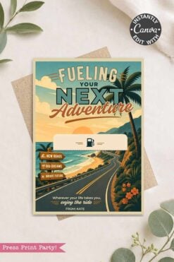 The Gas Gift Card Holder Printable - Mountain features a scenic mountain road, pine trees, and signs reading “New Roads,” “Big Dreams,” and “Bright Future.” The text says “Fueling Your Next Adventure.” Includes an envelope behind the card.