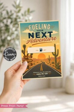 A hand holds the Gas Gift Card Holder Printable - Mountain, featuring desert road art, cacti, mountains, and “Fueling Your Next Adventure.” Instantly editable with Canva, it’s a creative way to gift gas cards and inspire adventure.