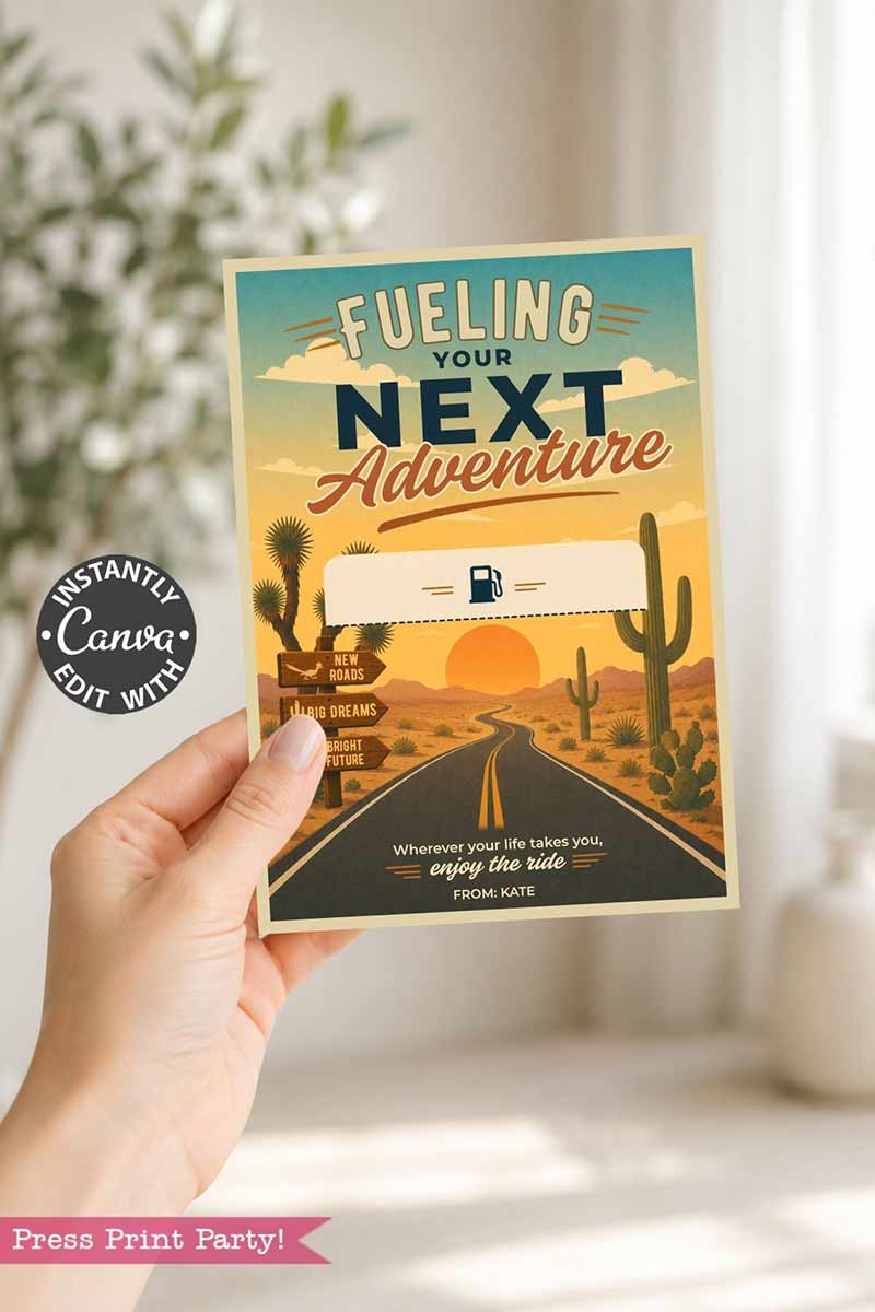 A hand holds the Gas Gift Card Holder Printable - Mountain, featuring desert road art, cacti, mountains, and “Fueling Your Next Adventure.” Instantly editable with Canva, it’s a creative way to gift gas cards and inspire adventure.