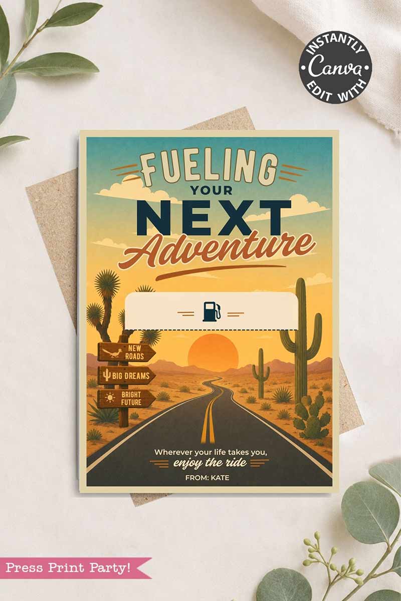 The Gas Gift Card Holder Printable - Mountain showcases a mountain landscape with "Fueling Your Next Adventure" by a gas pump icon. Message below: “Wherever your life takes you, enjoy the ride. From: Kate.” Card framed by an envelope and leaf illustrations.