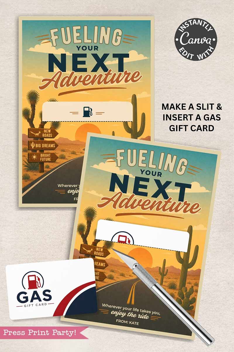 Two “Gas Gift Card Holder Printable - Mountain” cards with mountain scenery; one has a slit for holding a gas gift card. Text instructions and a cutting knife appear beside the printable cards.
