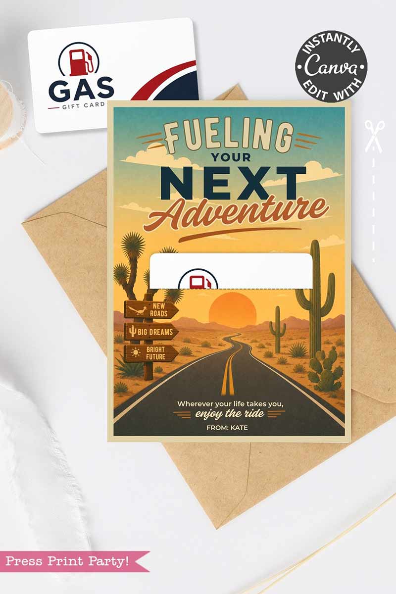 The Gas Gift Card Holder Printable - Mountain is a greeting card with a mountain design and "Fueling Your Next Adventure" text, perfect for presenting gift cards to adventure seekers. Includes a printable card and envelope for easy gifting.