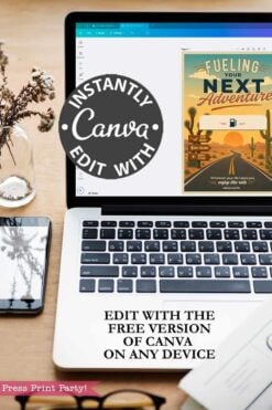 A laptop on a desk shows a Gas Gift Card Holder Printable - Mountain Canva design. The screen reads,