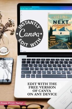 A laptop on a desk shows the Gas Gift Card Holder Printable - Mountain design with