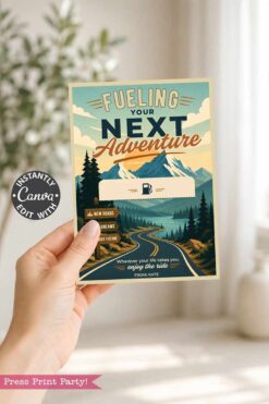 A hand holds the Gas Gift Card Holder Printable - Mountain, which reads “Fueling Your Next Adventure” and showcases a scenic road, trees, and mountains. Editable text areas and a Canva editing notice are included on the card.