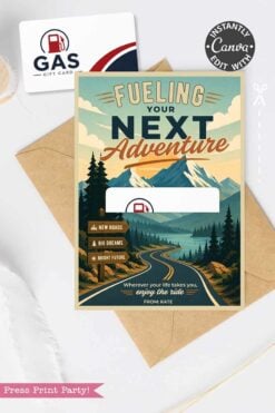 The Gas Gift Card Holder Printable - Mountain is displayed on a greeting card with a mountain road illustration and