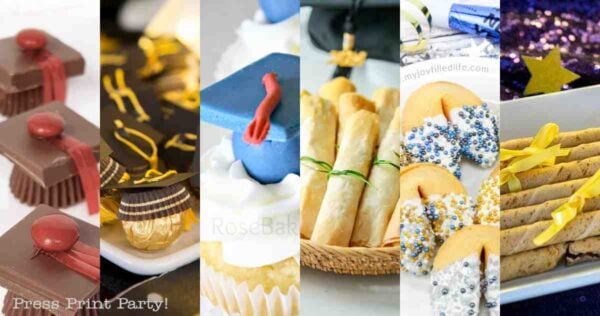 A collage of graduation-themed desserts showcases clever graduation party food ideas, featuring chocolate caps, cupcakes with fondant designs, decorated cookies, and treats in blue, gold, and yellow accents.