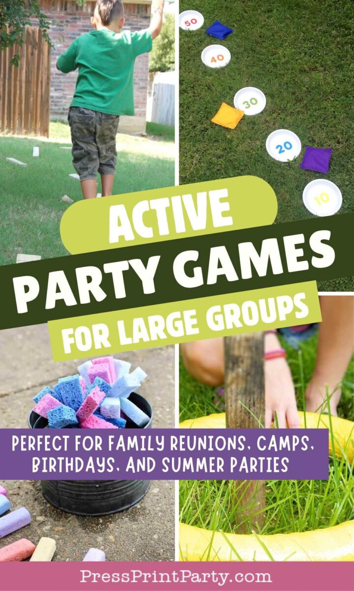 Collage of outdoor party games, including a boy throwing a ball, bean bags on targets, a bucket of colorful sponges, and children playing with water, captioned for active games suited to large groups and summer gatherings.