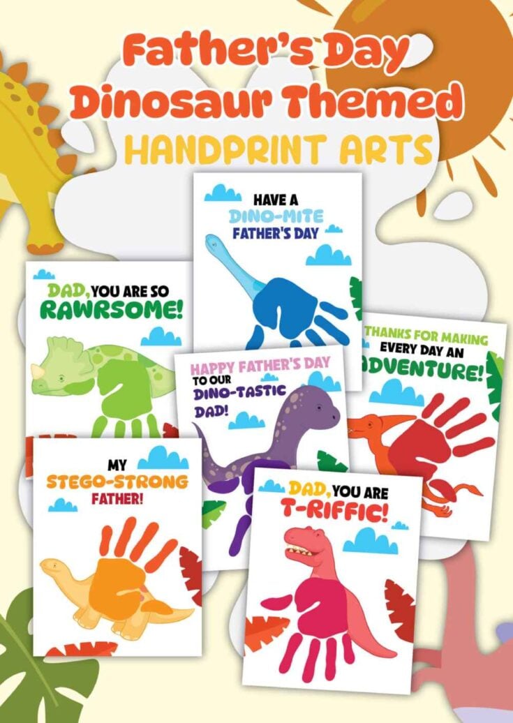 A collection of colorful, dinosaur-themed Father’s Day cards featuring handprint art and playful messages like “You are T-riffic!” and “Have a Dino-mite Father’s Day!” on a fun background with cartoon dinosaurs.
