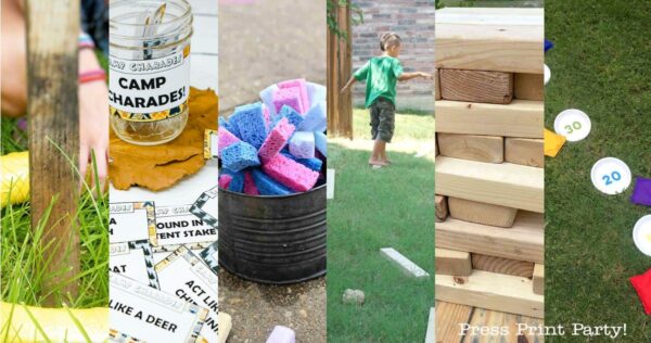 A collage of six outdoor games, including ring toss, charades, sponge bucket, balance beam, giant Jenga, and a target toss with flying discs, set on grass for a summer party.