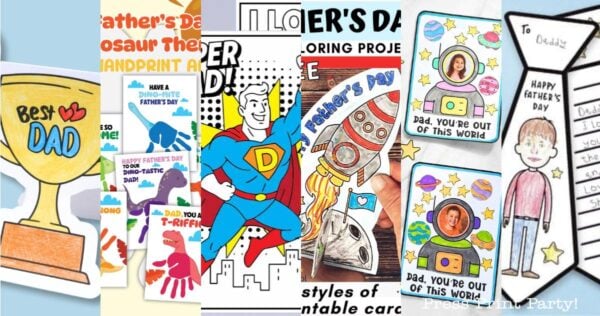 A collage of colorful Father’s Day craft ideas for kids, featuring cutout trophies, superheroes, handprint dinosaurs, rockets, and printable Father’s Day cards with drawings and photos for dads.