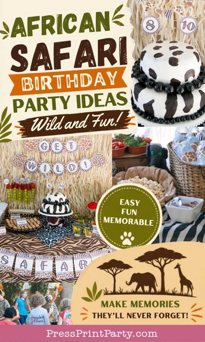 Colorful flyer for an African safari birthday party, featuring a zebra-pattern cake, wild animal prints, animal balloons, themed decorations, and banners promoting easy, fun, and memorable party ideas.