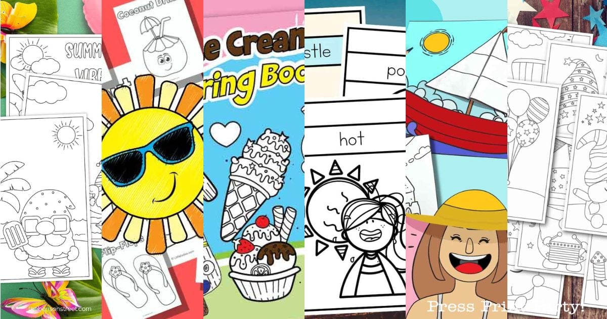 A collage of summer-themed coloring book pages, including images of suns, ice cream, a burger, a sailboat, and smiling cartoon characters, some in color and some as black-and-white outlines.