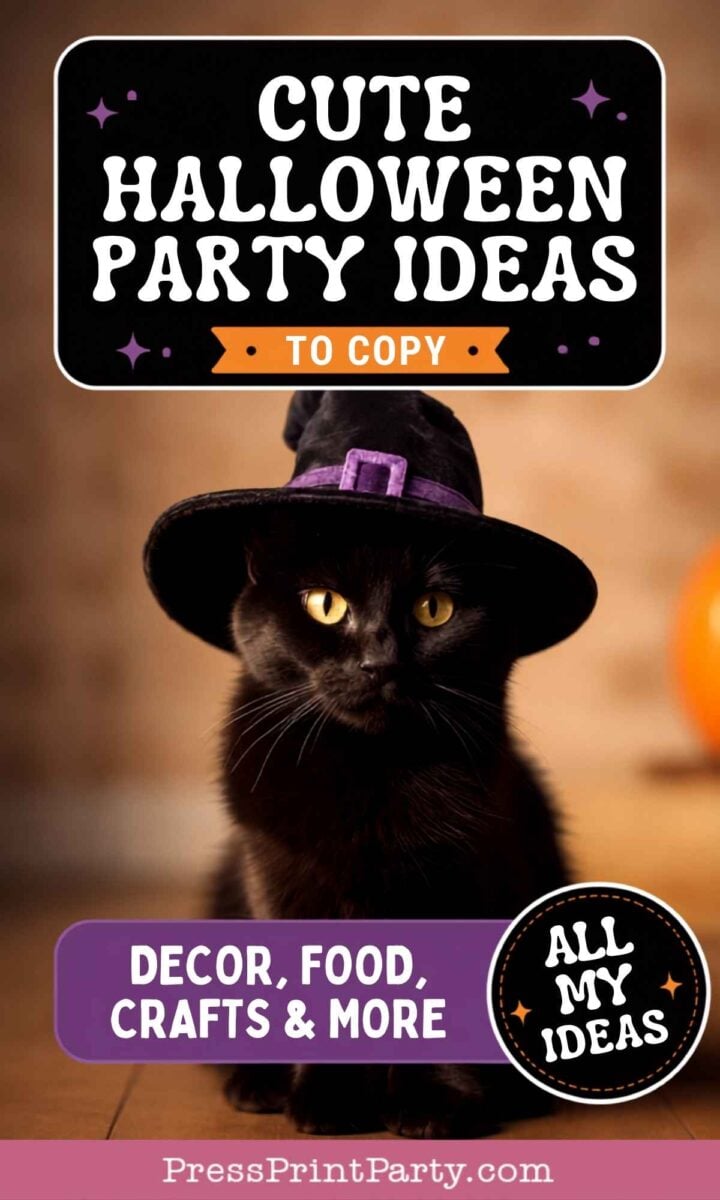 A black cat wearing a witch hat sits in front of a blurred background, with text sharing the cutest Halloween party ideas, including decor, food, crafts, and more.