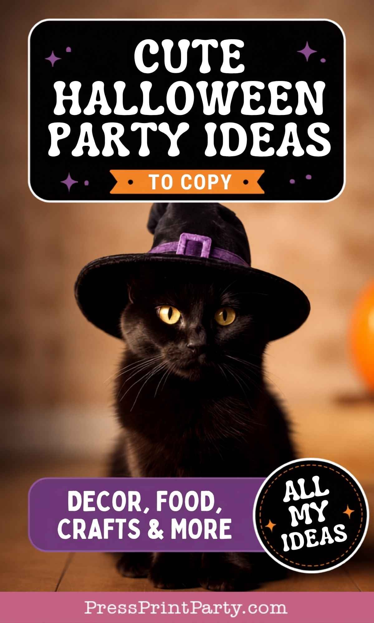 A black cat wearing a witch hat sits in front of a blurred background, with text sharing the cutest Halloween party ideas, including decor, food, crafts, and more.