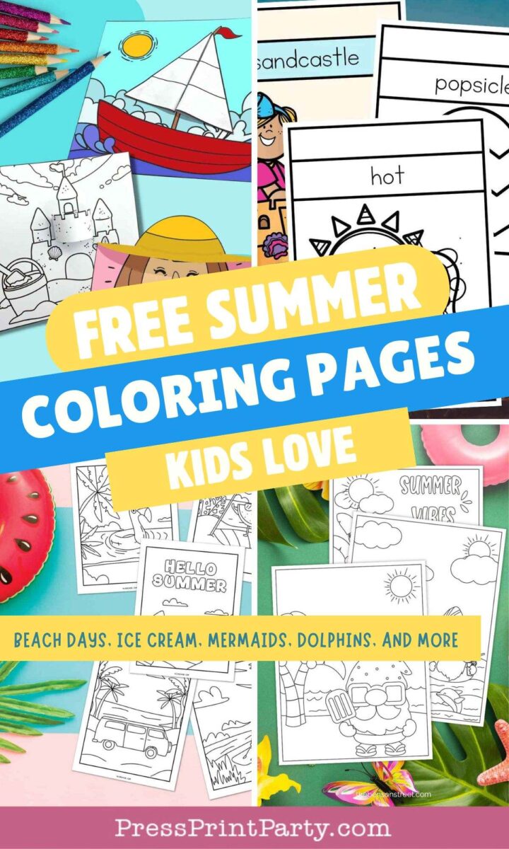 A collage of black and white summer-themed coloring pages for kids, featuring beach scenes, ice cream, a sailboat, and dolphins, with colorful text overlay about free summer coloring pages.