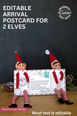 Two elf dolls rest on a table beside a Christmas postcard decorated with festive designs and a “From the North Pole” stamp. Text above promotes the
