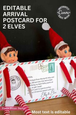 Two toy elves hold a postcard decorated with festive designs featuring the words “North Pole” and customizable text. The image showcases the 2 Elves Arrival Postcard Printable, an editable digital download that can be personalized with Canva.