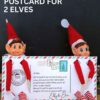 Two elf dolls sit on a table holding a postcard that reads “North Pole.” Text above says, “2 Elves Arrival Postcard Printable—Instant Canva Edit.” Most text is editable. The postcard welcomes kids back.