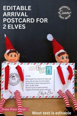 Two elf dolls sit on a table holding a postcard that reads βNorth Pole.β Text above says, β2 Elves Arrival Postcard PrintableβInstant Canva Edit.β Most text is editable. The postcard welcomes kids back.