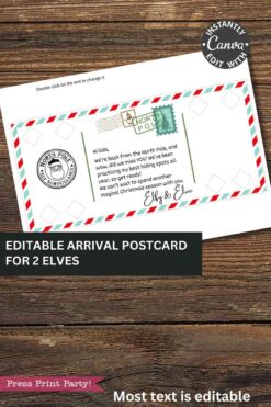Envelope-style postcard featuring an airmail border, North Pole stamps, and a message from two elves. The Canva logo and “2 Elves Arrival Postcard Printable” title are displayed as an overlay. A pink “Press Print Party!” label sits atop a wood background.