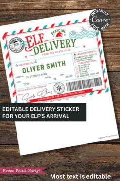 A festive 2 Elves Arrival Postcard Printable featuring a North Pole parcel label design, personalized for a child named Oliver Smith, with editable text and cheerful holiday-themed graphics.