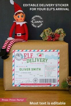 A wrapped gift sits on a table, topped with a small elf doll and festive decor, featuring the 2 Elves Arrival Postcard Printable as an editable delivery label. Text notes that the label can be customized using Canva.