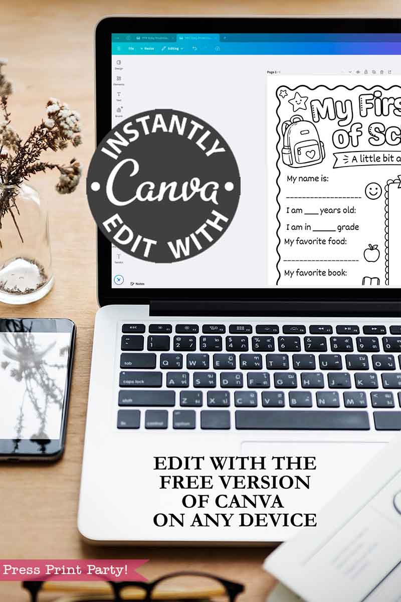 A laptop displays the "template Canva (Copy) (Copy)" editing screen with a worksheet. A black circle states, "Instantly edit with Canva." Text below reads: "Edit with the free version of Canva on any device." A plant and phone are also visible on the desk.
