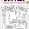 Template Canva (Copy) (Copy) cover featuring four black-and-white printable activity sheets with school-themed drawings, coloring areas, and fill-in-the-blank prompts designed for kids.