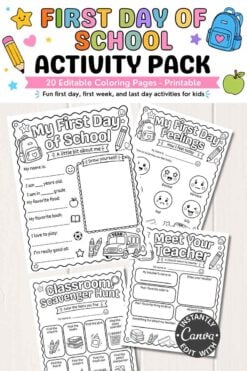 Template Canva (Copy) (Copy) cover featuring four black-and-white printable activity sheets with school-themed drawings, coloring areas, and fill-in-the-blank prompts designed for kids.