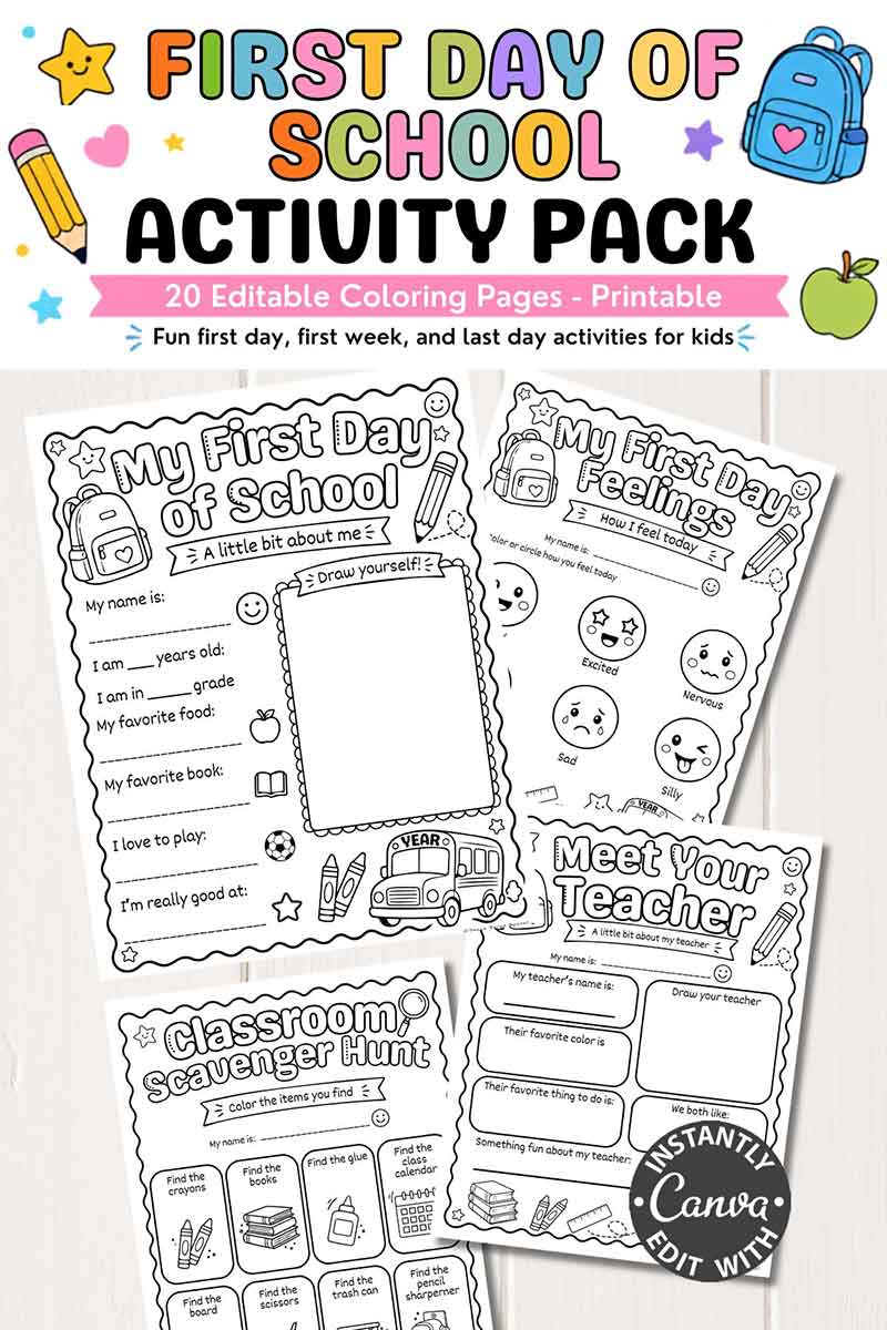 Template Canva (Copy) (Copy) cover featuring four black-and-white printable activity sheets with school-themed drawings, coloring areas, and fill-in-the-blank prompts designed for kids.