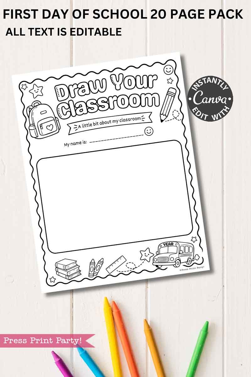 A worksheet from the template Canva (Copy) (Copy) pack titled “Draw Your Classroom,” featuring space for a name and a drawing, is surrounded by school-themed illustrations. Colored pencils are arranged below the page on a wooden surface, with text above referencing the editable school pack.