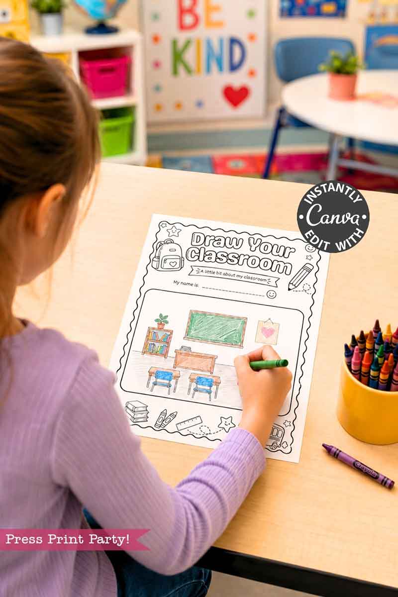 A young girl colors a "template Canva (Copy) (Copy)" worksheet at a desk in a colorful classroom with a “BE KIND” sign and supplies in the background. Crayons are on the table beside her.