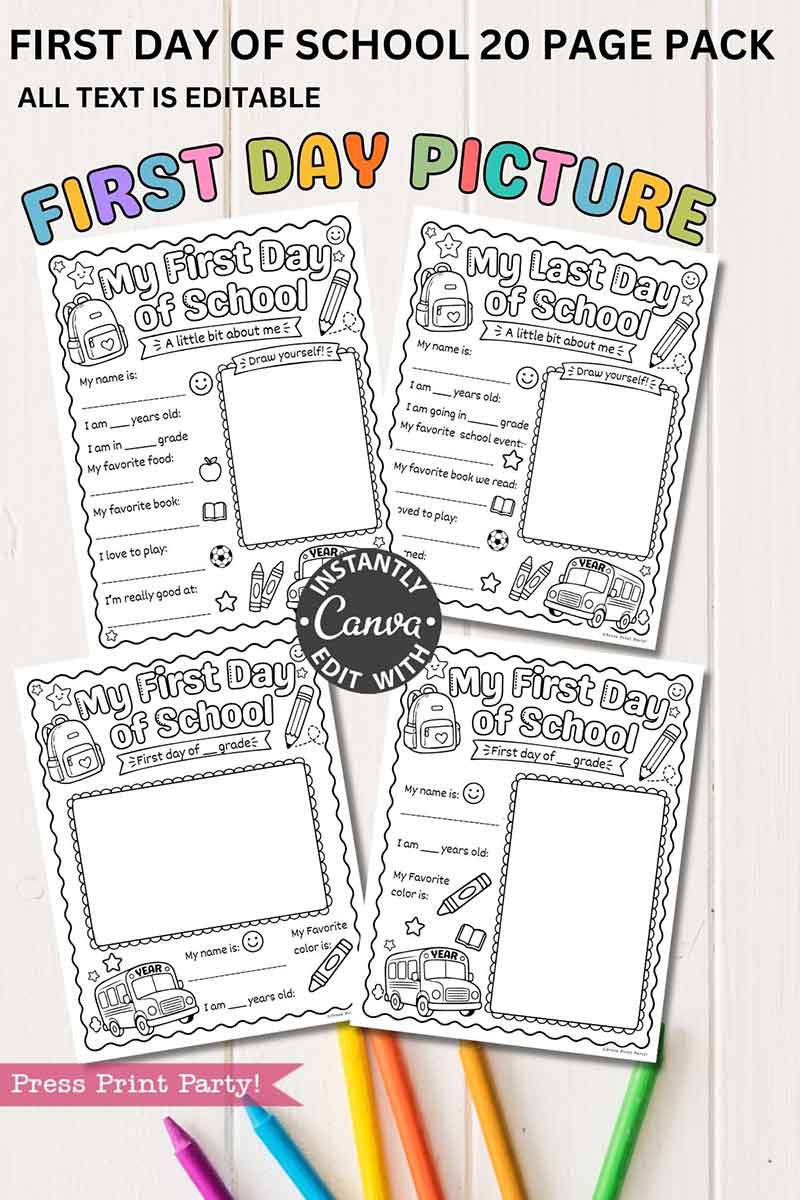 Four editable “First/Last Day of School” printable sheets for kids to fill out, featuring school-themed doodles. These sheets from the "template Canva (Copy) (Copy)" are displayed on a wooden background with colorful markers at the bottom.