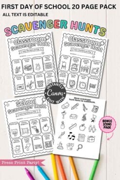 Four printable scavenger hunt sheets from the template Canva (Copy) (Copy) pack, featuring hand-drawn icons of classroom and school items, are displayed on a wooden surface with colored pencils at the bottom. Text highlights that this is a 20-page editable school scavenger hunt pack.
