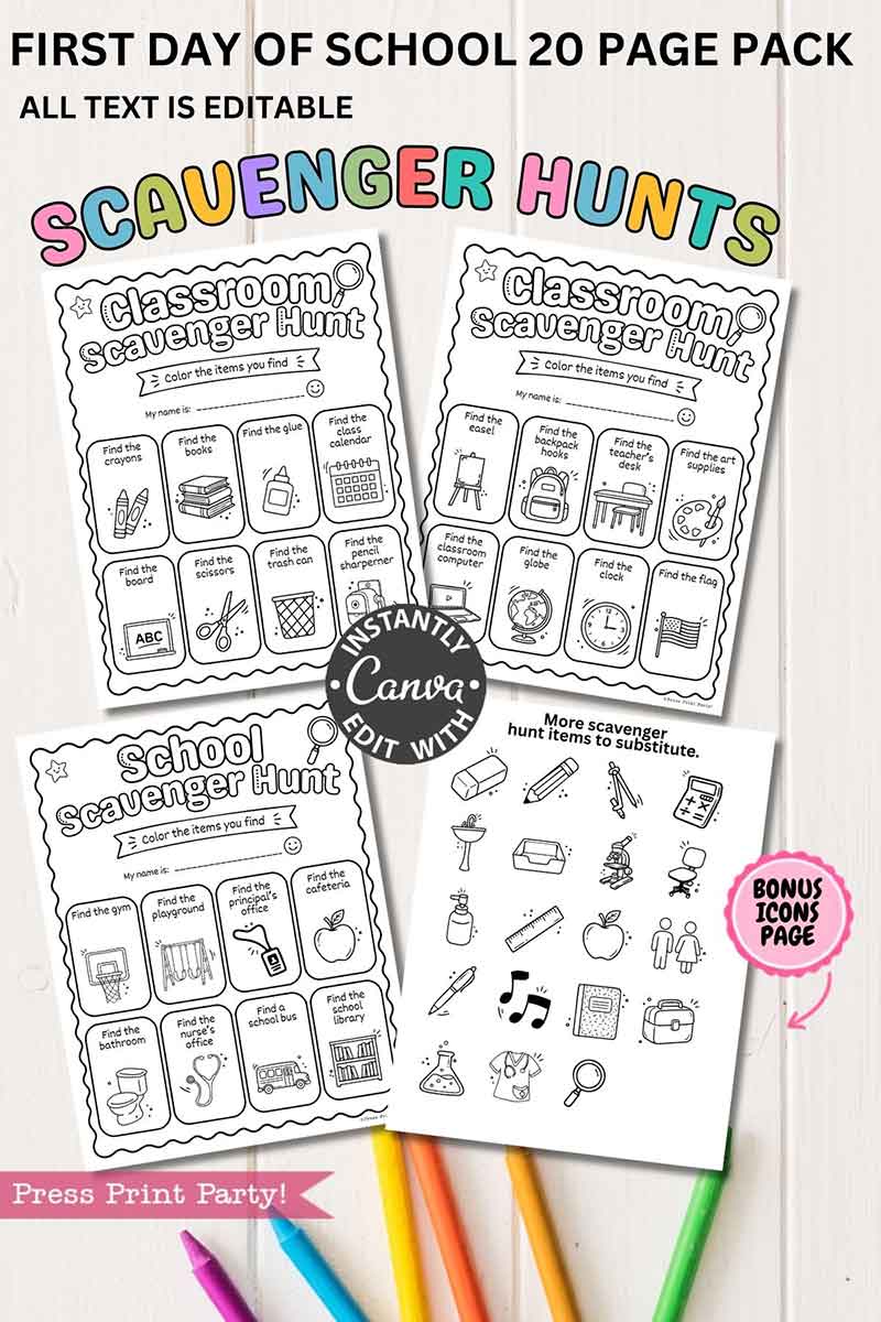 Four printable scavenger hunt sheets from the template Canva (Copy) (Copy) pack, featuring hand-drawn icons of classroom and school items, are displayed on a wooden surface with colored pencils at the bottom. Text highlights that this is a 20-page editable school scavenger hunt pack.
