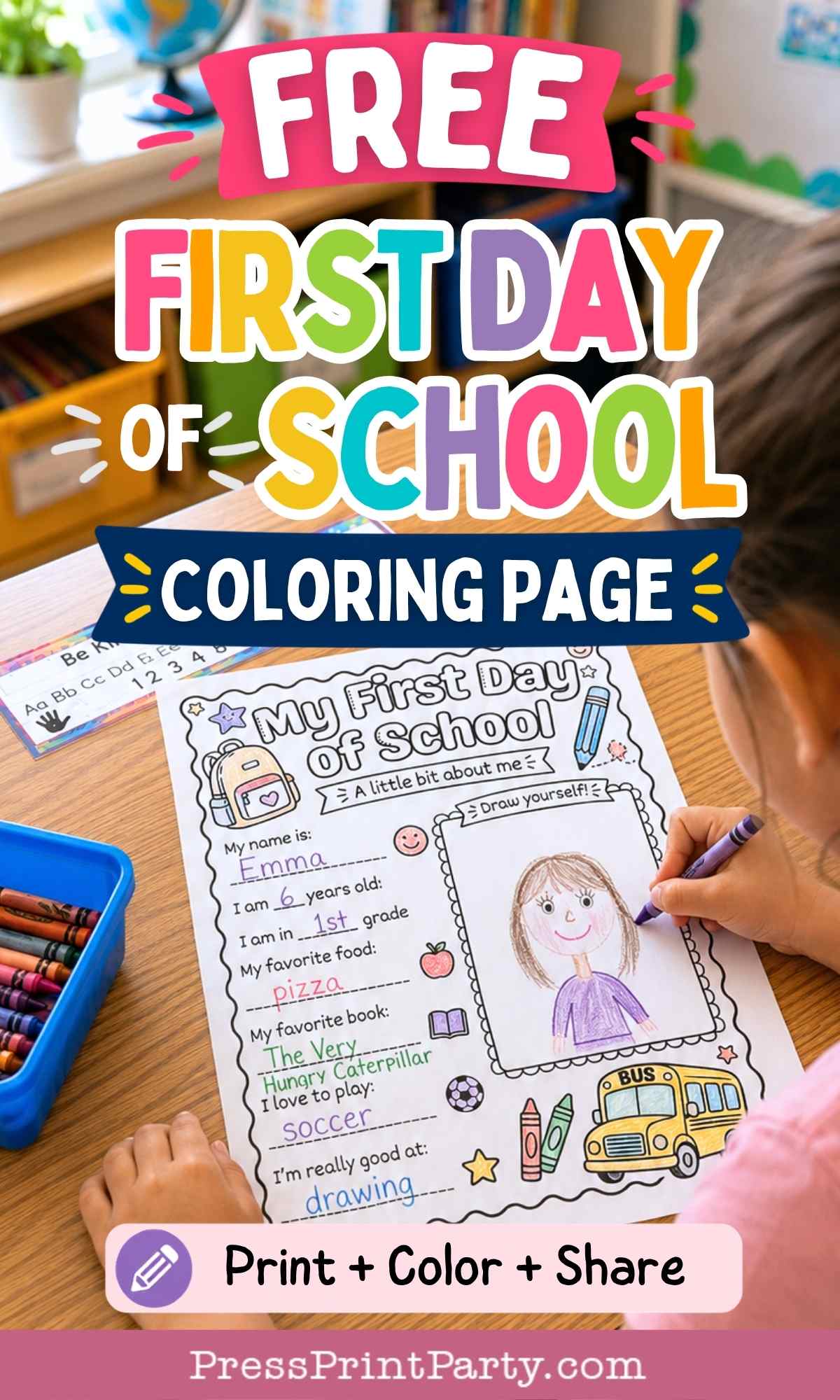 A child colors a “My First Day of School” worksheet at a desk. The image promotes a free first day of school coloring page, featuring colorful text and school-themed illustrations, perfect for pairing with an all about me coloring page to help kids share their excitement for the new school year.